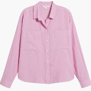 Beachlunchlounge Evelynn Cotton Blend Button up in Pink and White Stripe-Small